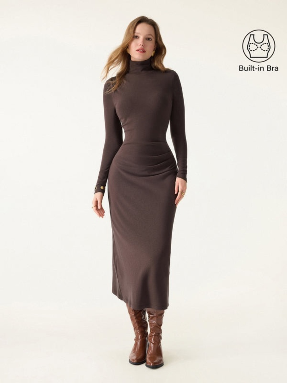 *NWT* Eco Mousse Mock Neck Long Sleeve Ruched Midi Dress